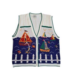 Vtg Women's Nautical Sweater Vest Med Sailboat Cable Knit Multicolor Kitchy